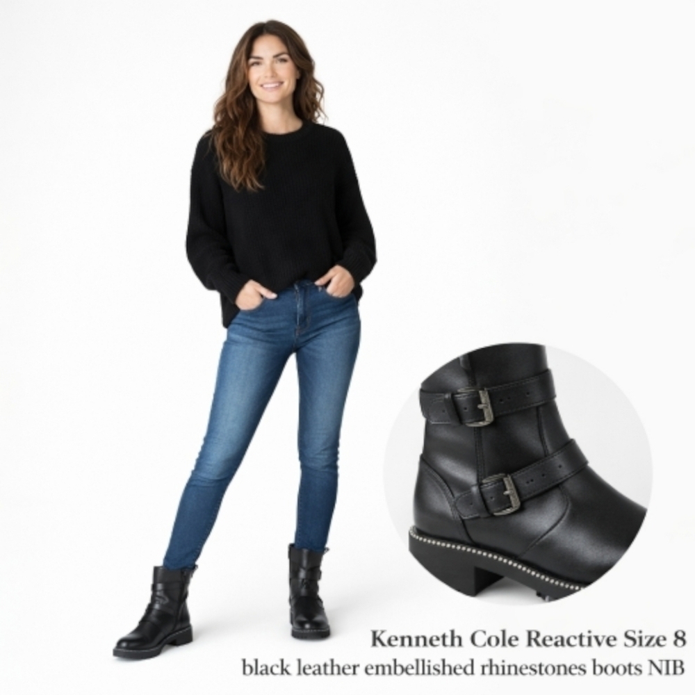 KENNITH COLE REACTION TATE Faux Leather Rhinestone Womens Motorcycle Boots NIB 8